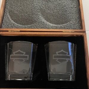 Harley-Davidson Brown Wood Logo Keepsake Box with 2 Etched Bar & Shield Glasses
